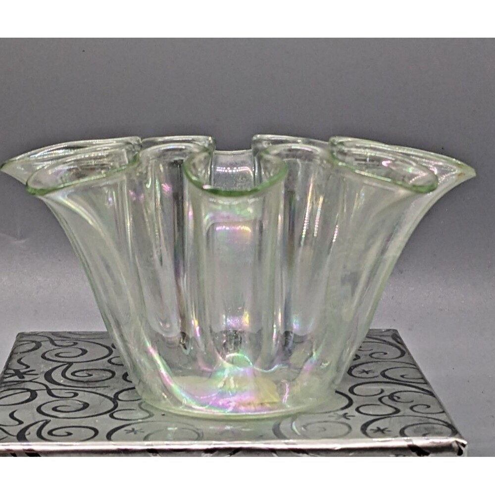 Biedermann Clear Glass Ruffled Handkerchief Small Votive Vase Iridescent Rainbow